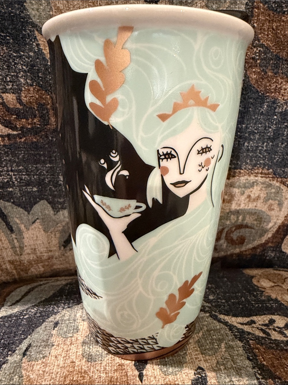 Starbucks Mint and Copper Illustrated Lady Ceramic Vase